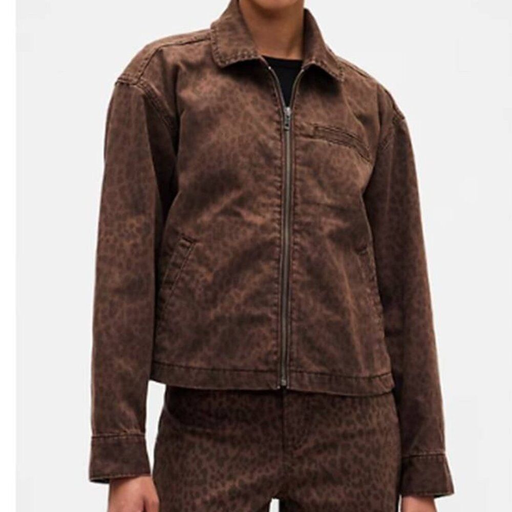 Gap Women's Cropped Denim Chore Jacket Utility Pockets100% Cotton Leopard Print